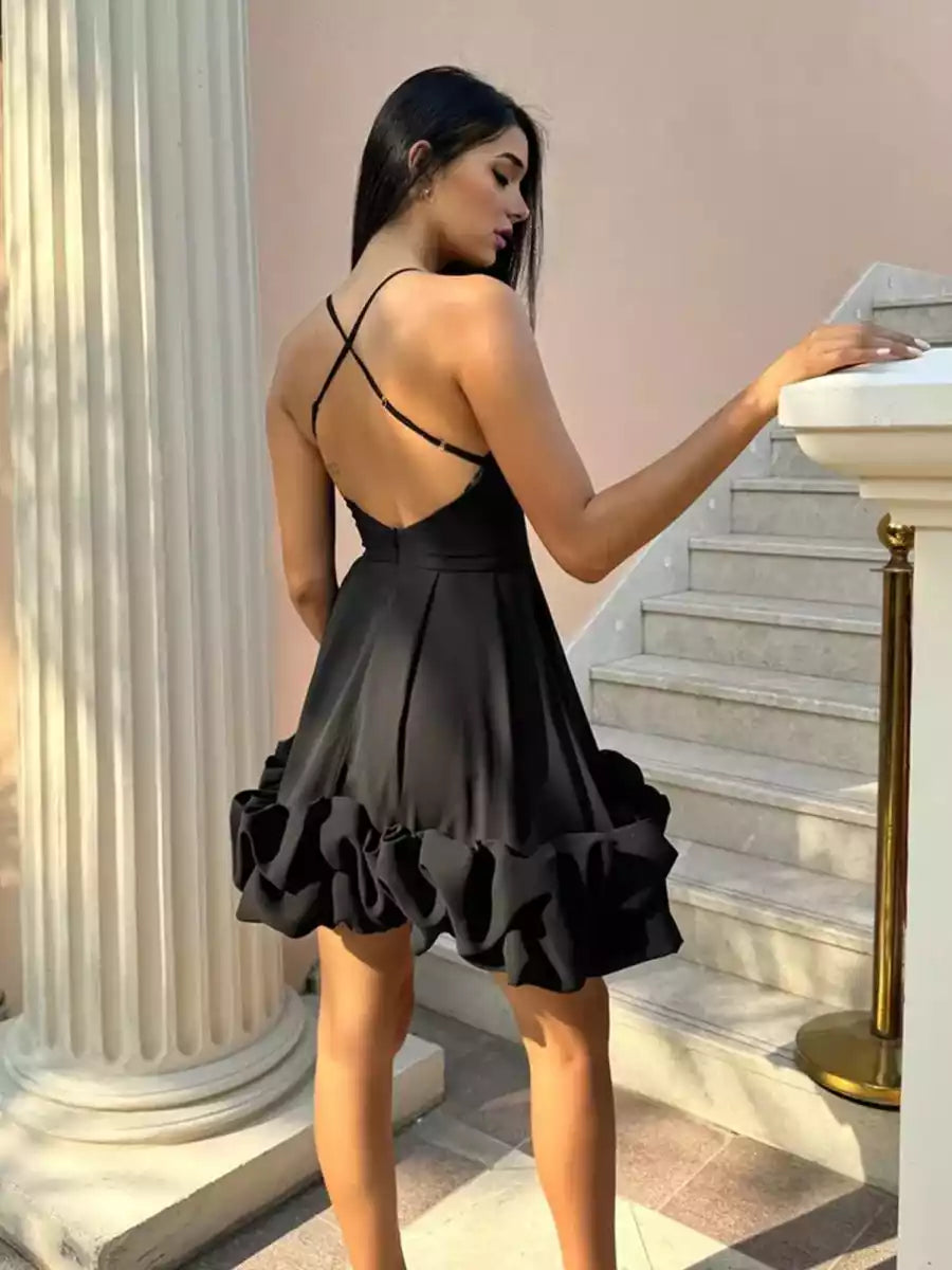 Stunning satin A-line short round neck sleeveless ruffle lace up back Homecoming Dresses