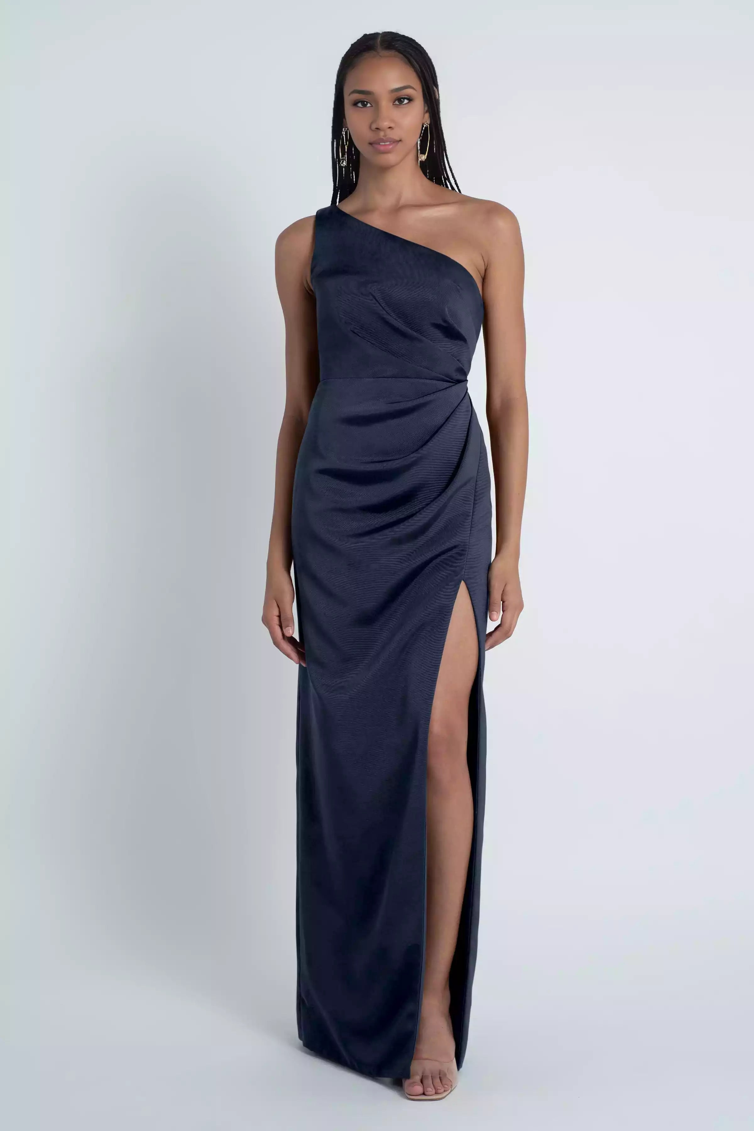 Stunning single shoulder neckline tight corset with asymmetrical pleats, slim fit, slit back, and mid zip Prom Dresses
