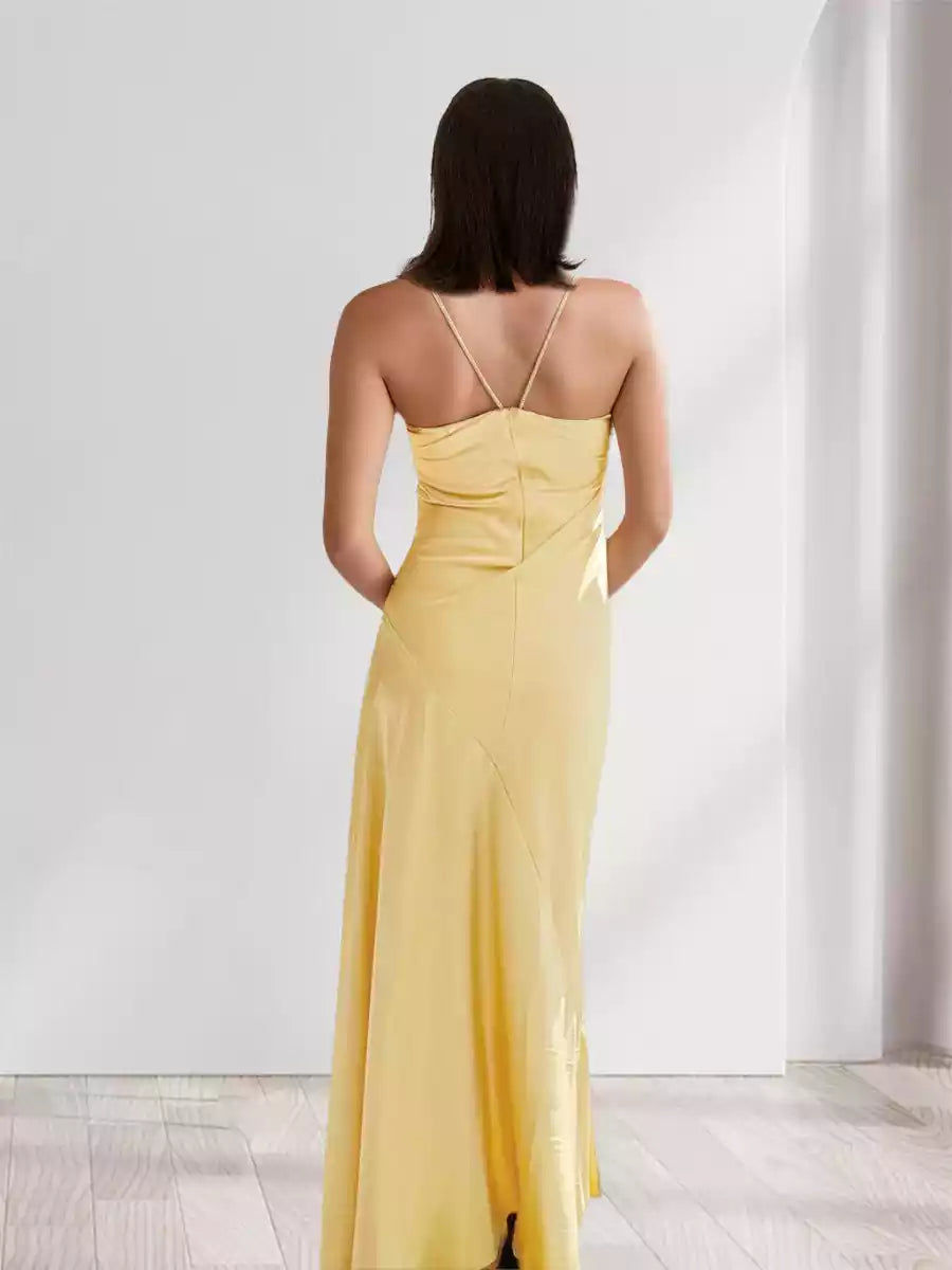 Stunning slim fit/straight camisole pleated long side slit Bridesmaid Dresses