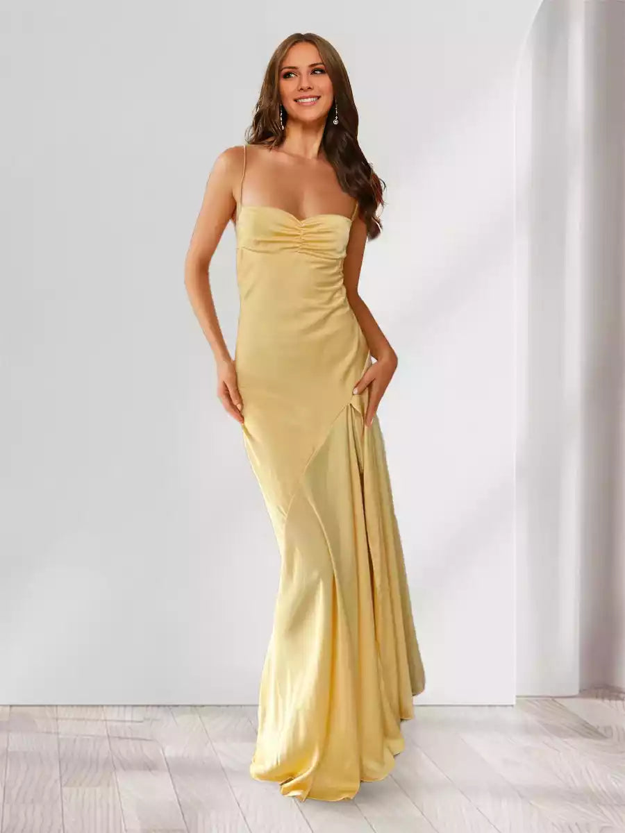 Stunning slim fit/straight camisole pleated long side slit Bridesmaid Dresses