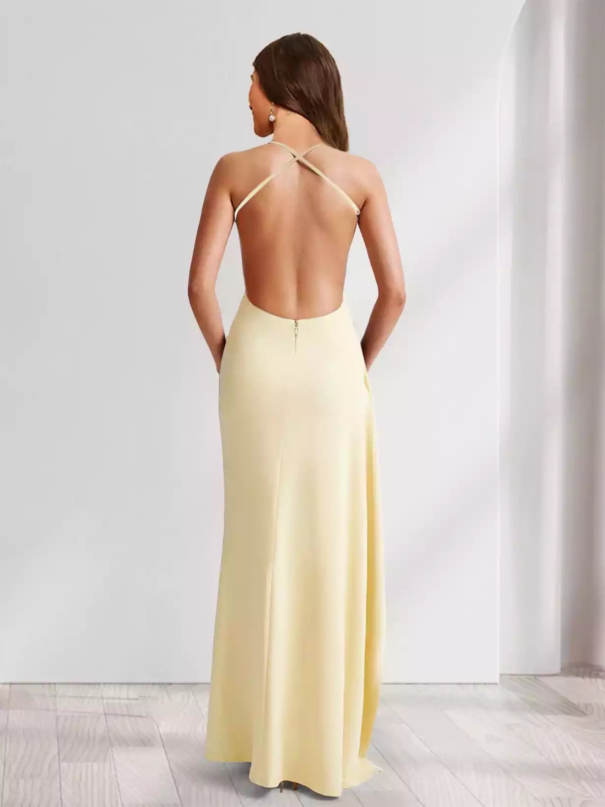 Stunning slim fit/straight camisole pleated ruffle edge side slit Bridesmaid Dresses