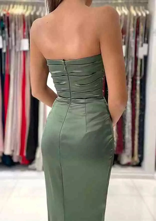 Stunning slim fit/straight tube sweetheart collar sleeveless satin long/floor pleated slit Prom Dresses