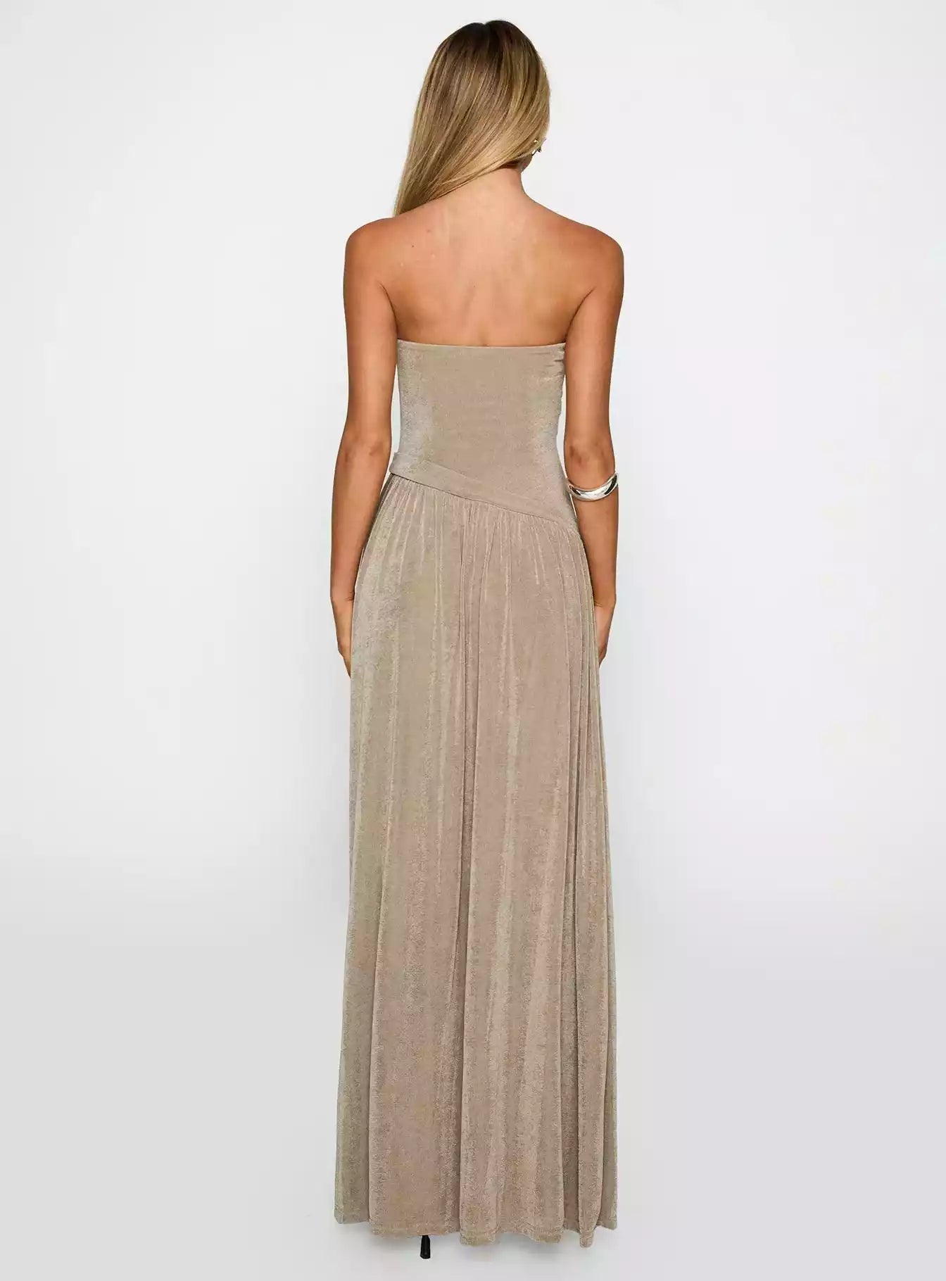 Stunning strapless side straps, asymmetrical waist pleats, high slit hem, Prom Dresses