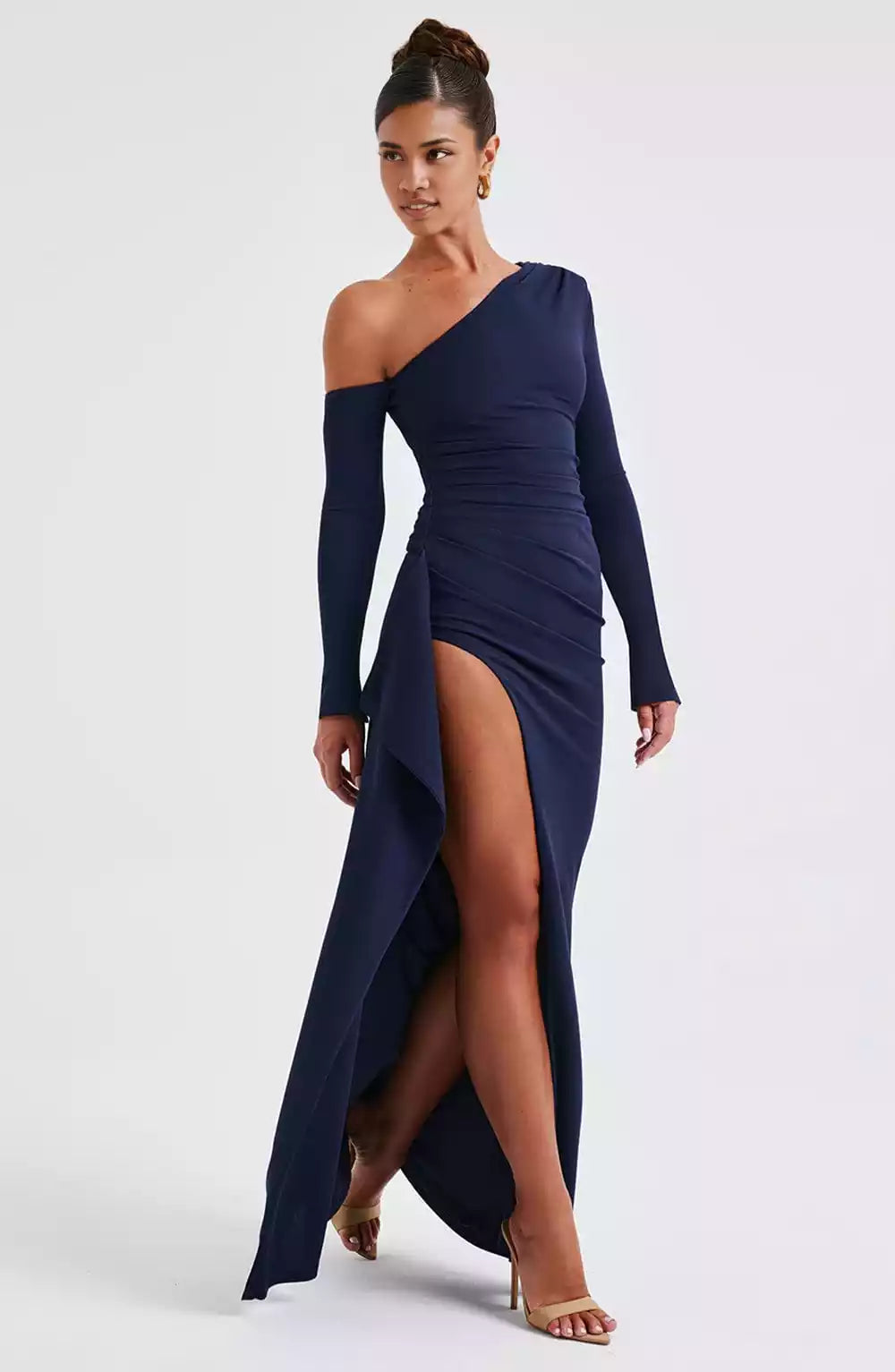 Stunning stretch crepe asymmetrical neckline with pleats and hanging details, high slit Prom Dresses
