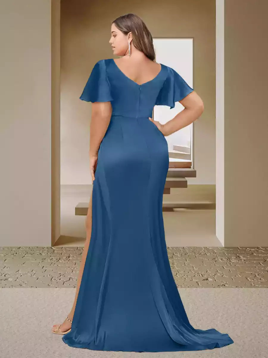 Stunning trumpet/mermaid V-neck short sleeved pleated plus size side slit with ruffled edges Bridesmaid Dresses