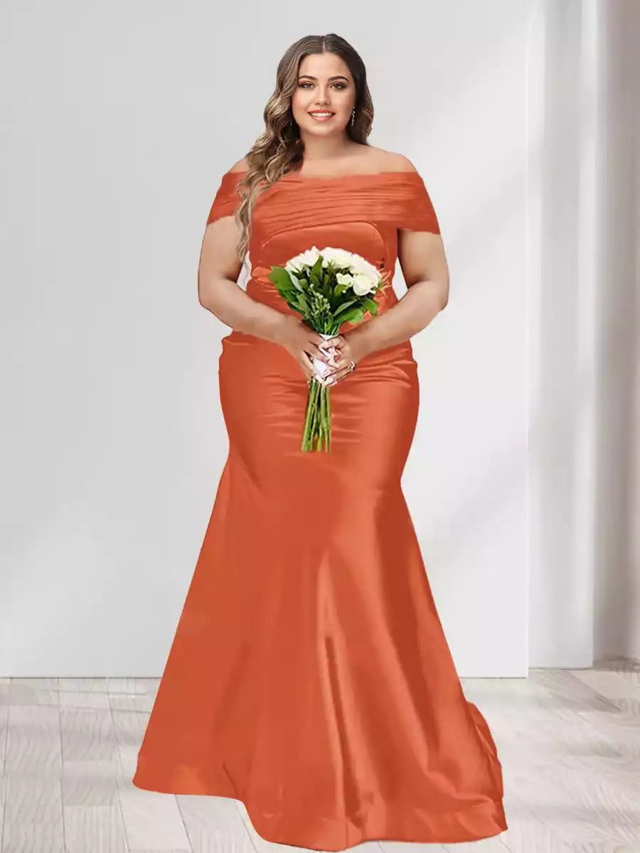 Stunning trumpet/mermaid off shoulder short sleeved pleated plus size Bridesmaid Dresses