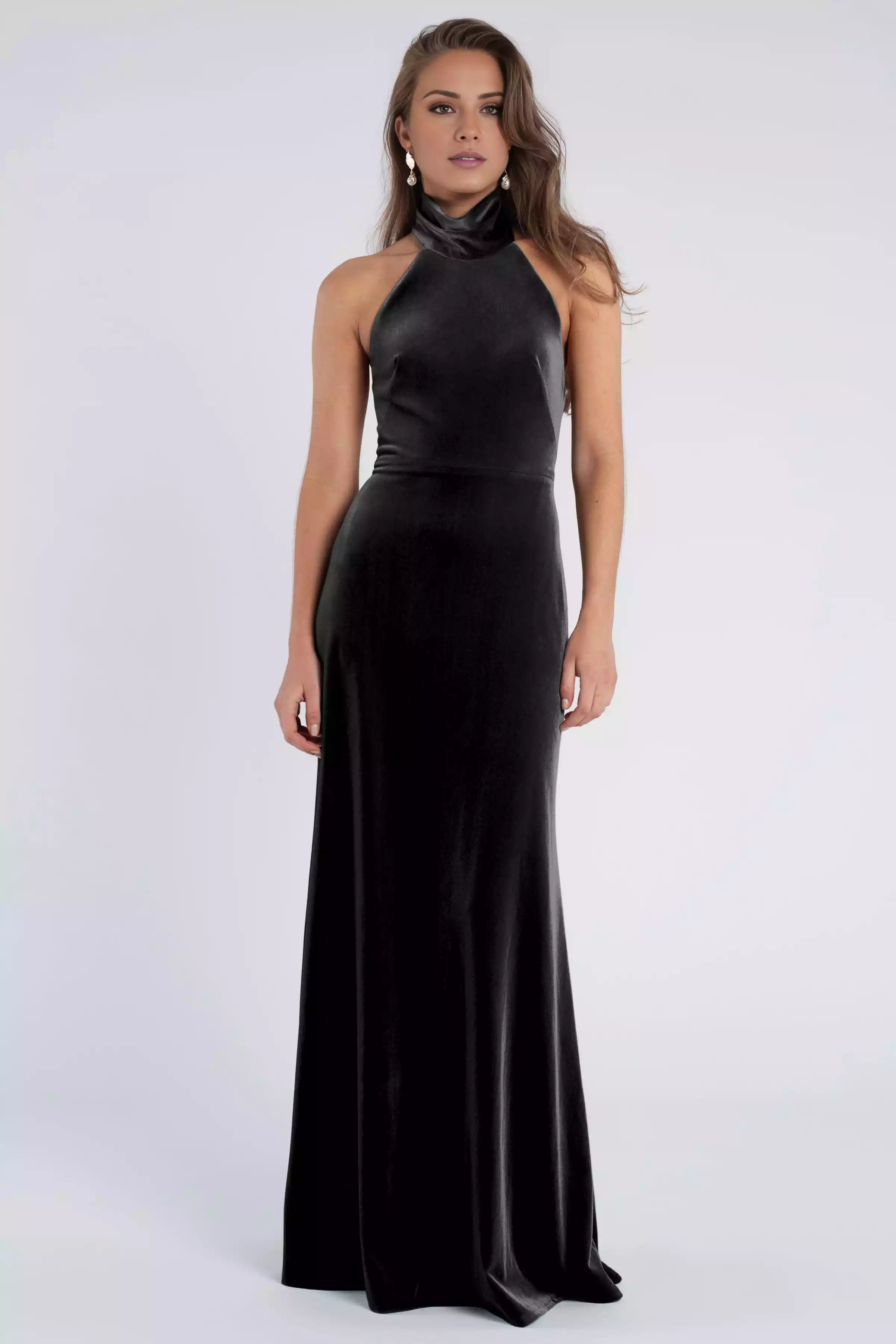 Stunning velvet backless hanging stand up collar tight diagonal cut skirt Bridesmaid Dresses