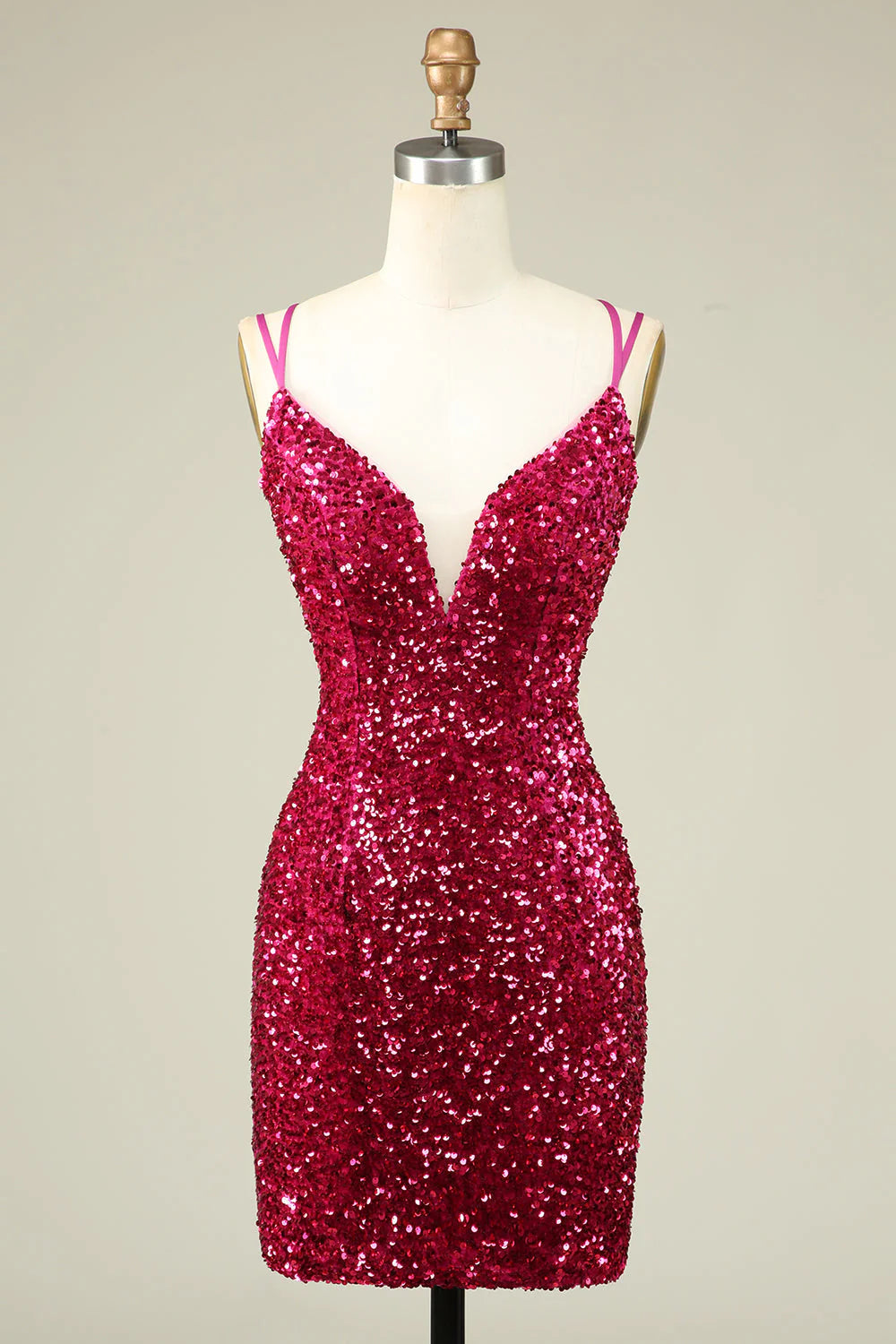 Stylish Fuchsia Spaghetti Straps Tight Homecoming Dress with Sequins