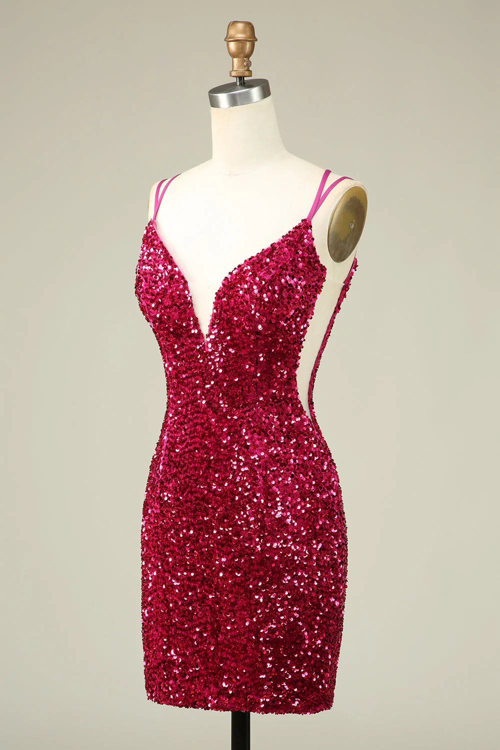 Stylish Fuchsia Spaghetti Straps Tight Homecoming Dress with Sequins