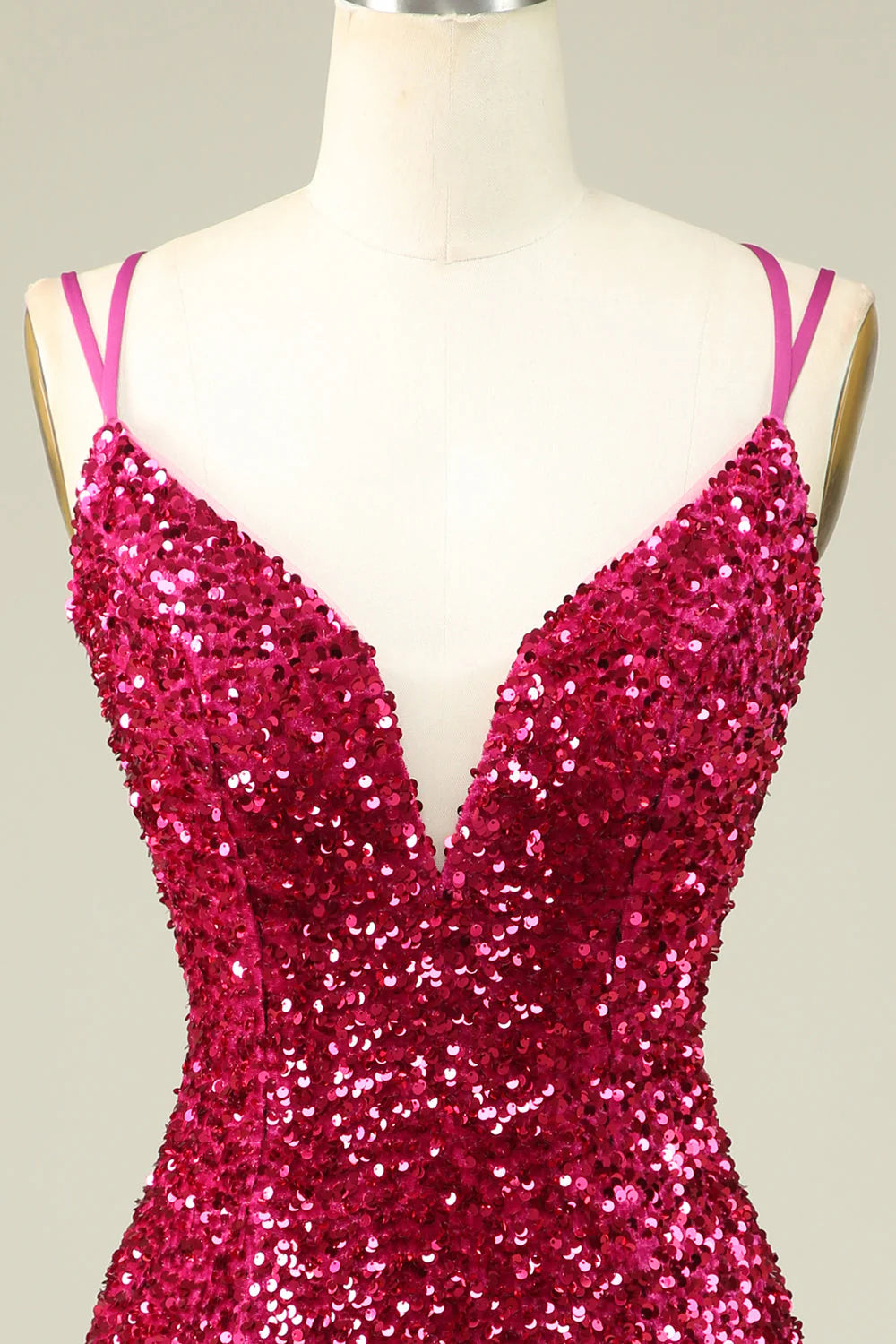 Stylish Fuchsia Spaghetti Straps Tight Homecoming Dress with Sequins