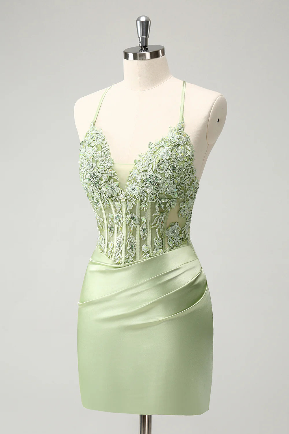 Stylish Green Sheath Criss Cross Back Corset Short Homecoming Dress with Applique