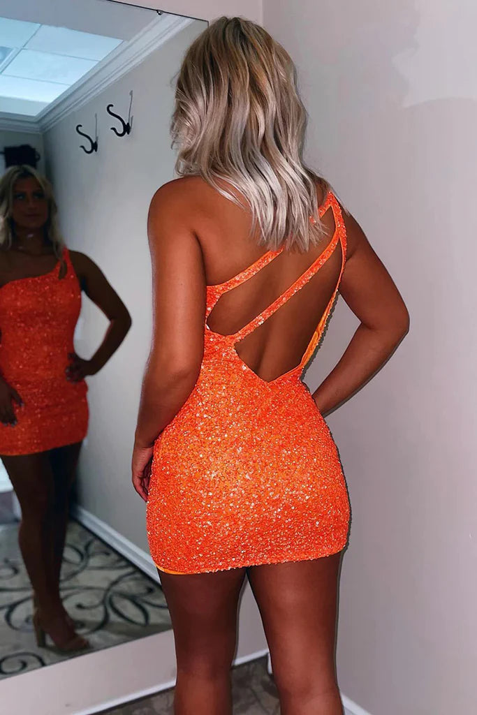 Stylish One Shoulder Sparkly Sleeveless Mini Cocktail Homecoming Dress