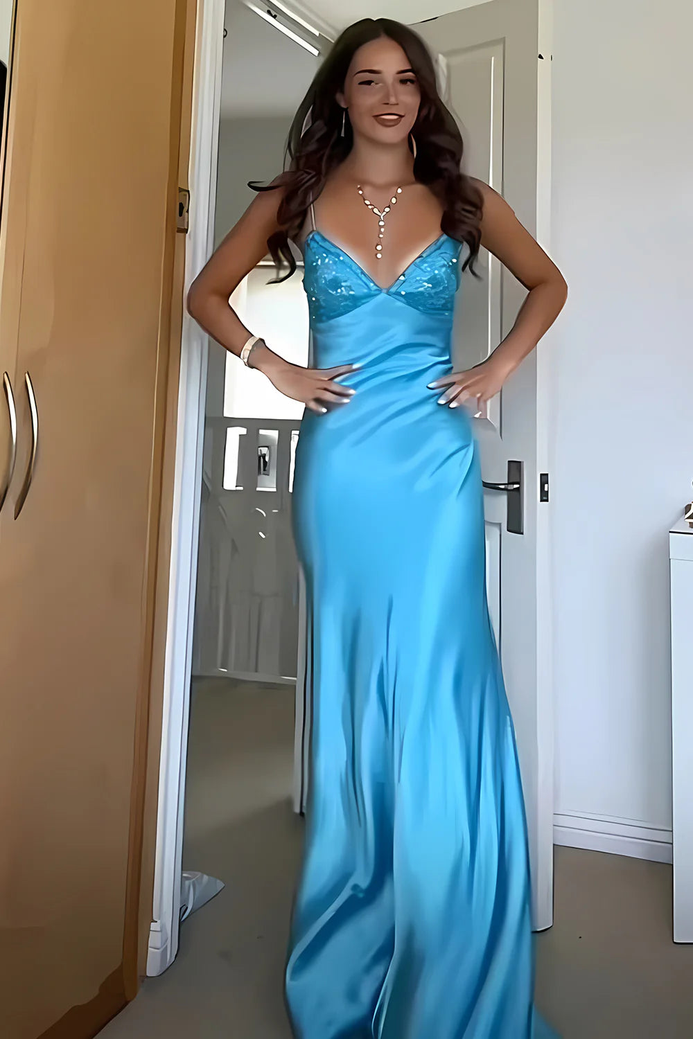 Stylish Sheath Spaghetti Straps Blue Long Prom Dress with Backless