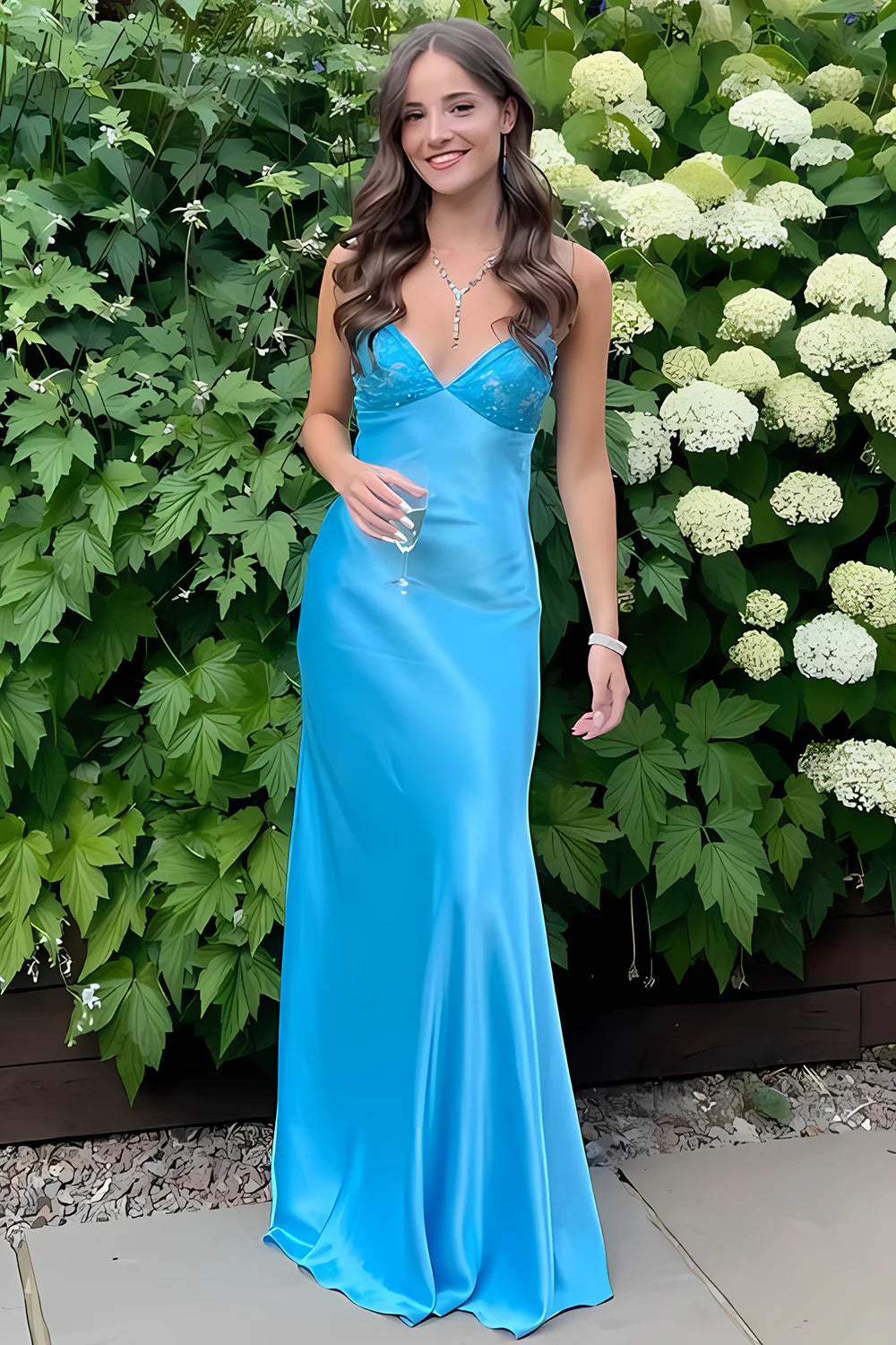 Stylish Sheath Spaghetti Straps Blue Long Prom Dress with Backless