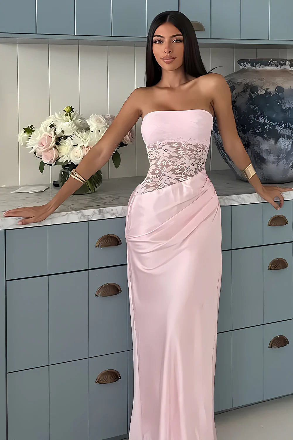 Stylish Sheath Strapless Pink Long Prom Dress with Lace