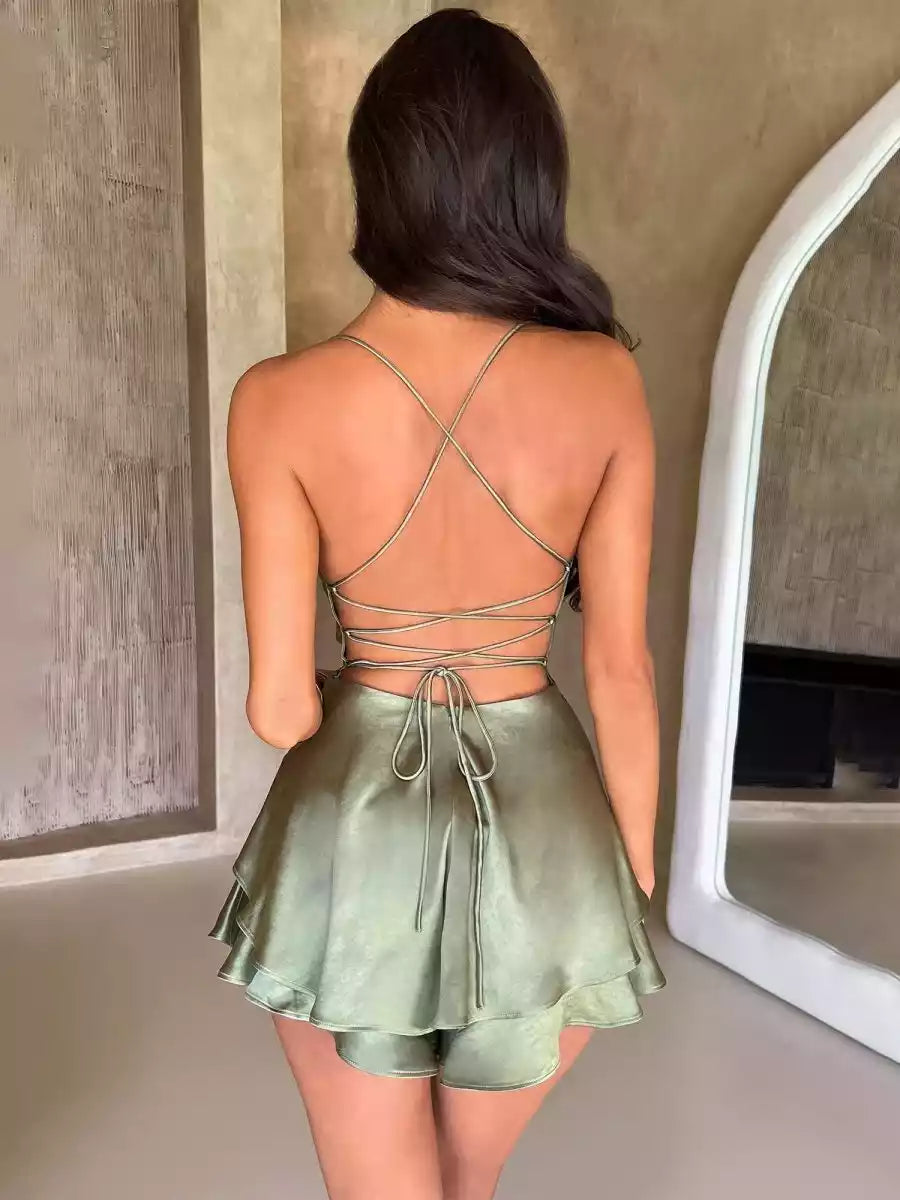 Stylish and elegant satin A-line mini scarf collar with sleeveless ruffle edge tie back Homecoming Dresses