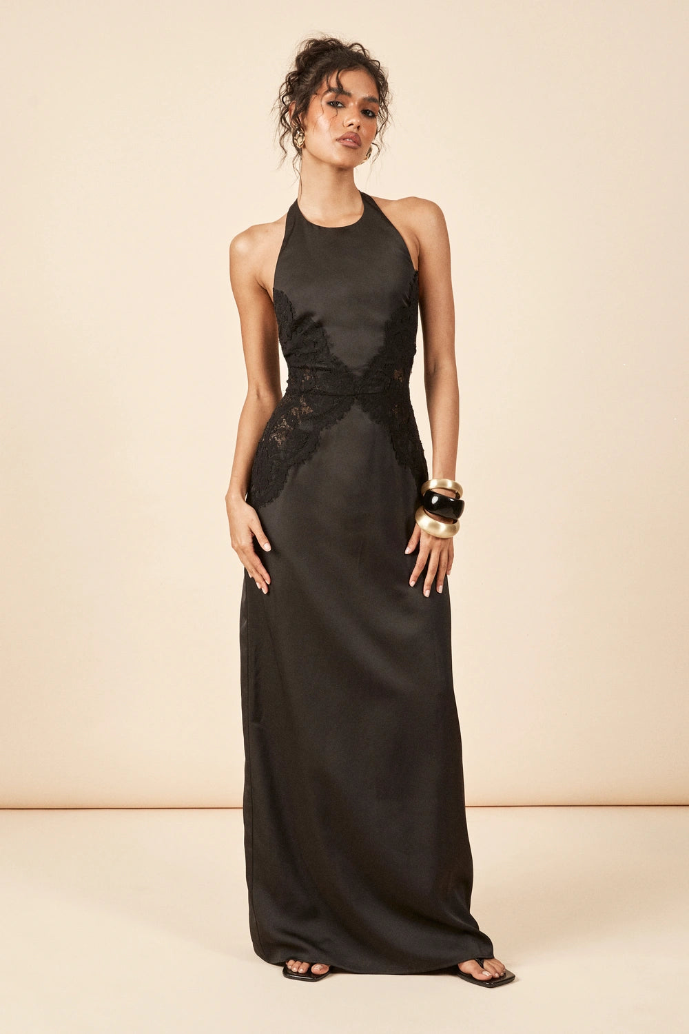 Sultry Halter Neck Lace-Inset Satin Low-Back Floor-Length Evening Gowns