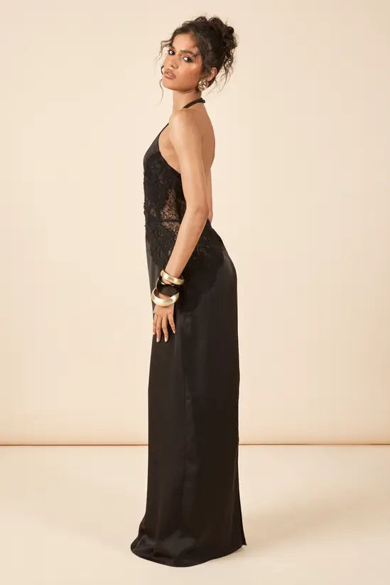 Sultry Halter Neck Lace-Inset Satin Low-Back Floor-Length Evening Gowns