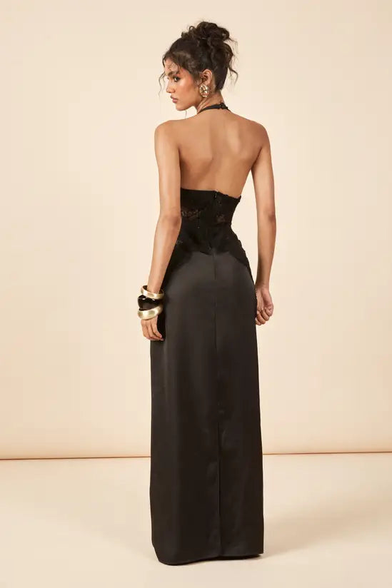 Sultry Halter Neck Lace-Inset Satin Low-Back Floor-Length Evening Gowns