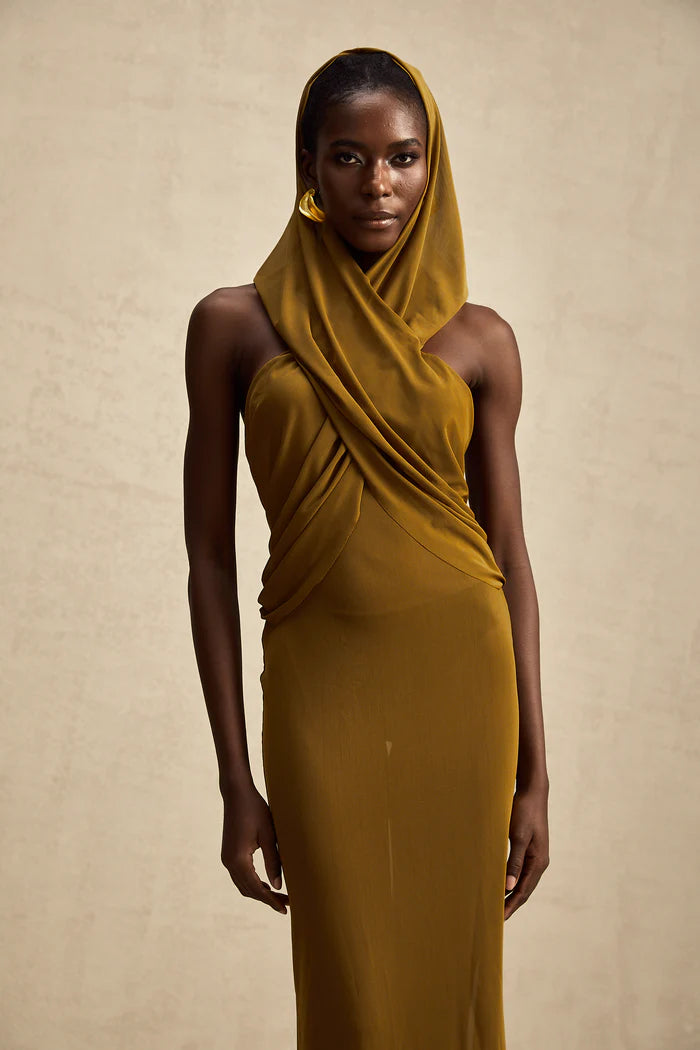 Sultry Olive Green Sheer Hooded Bodycon Backless Floor Length Evening Dresses