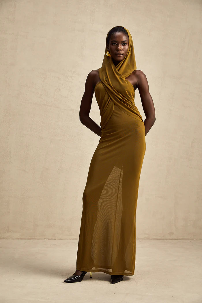 Sultry Olive Green Sheer Hooded Bodycon Backless Floor Length Evening Dresses
