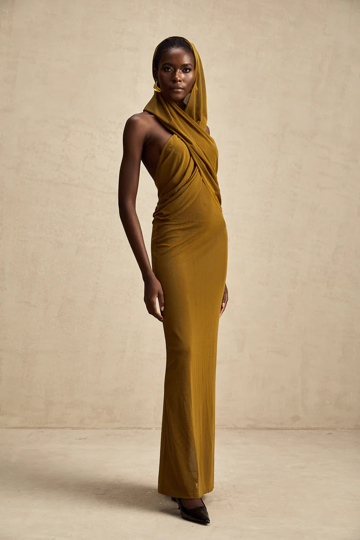 Sultry Olive Green Sheer Hooded Bodycon Backless Floor Length Evening Dresses