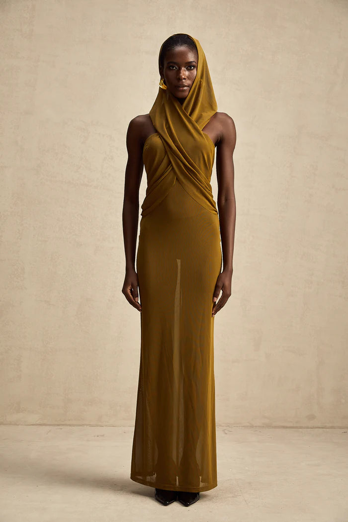 Sultry Olive Green Sheer Hooded Bodycon Backless Floor Length Evening Dresses