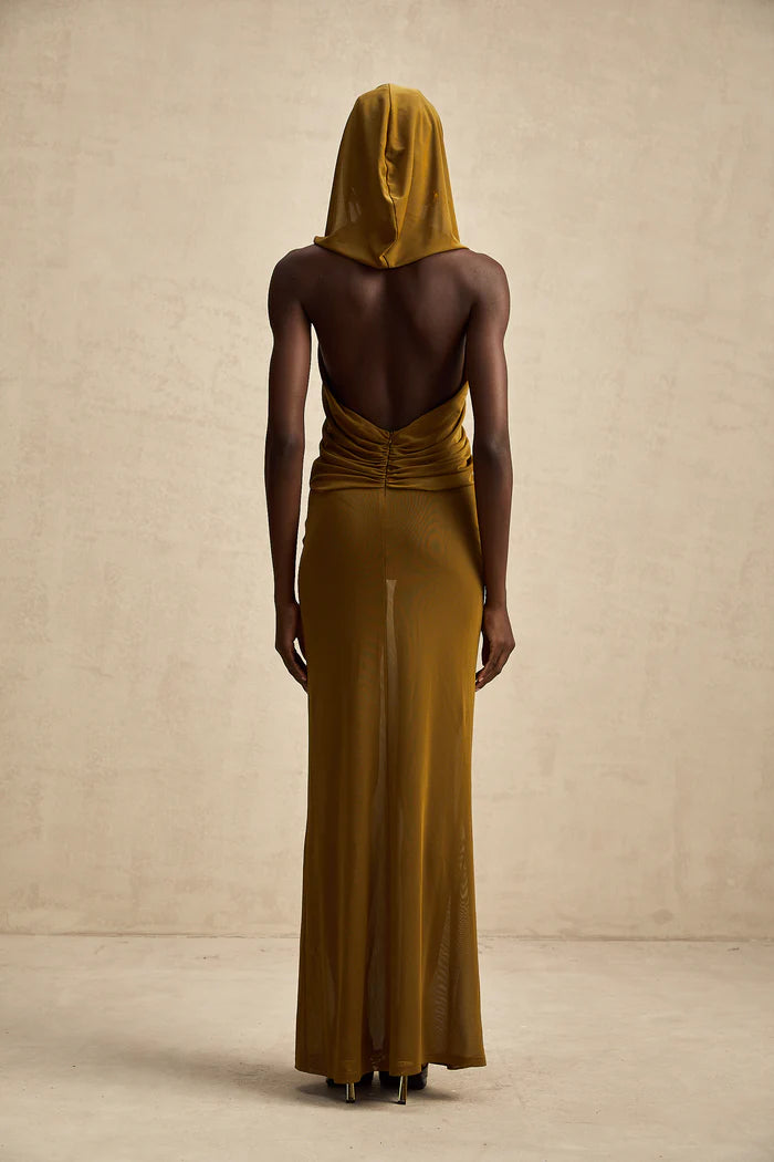 Sultry Olive Green Sheer Hooded Bodycon Backless Floor Length Evening Dresses