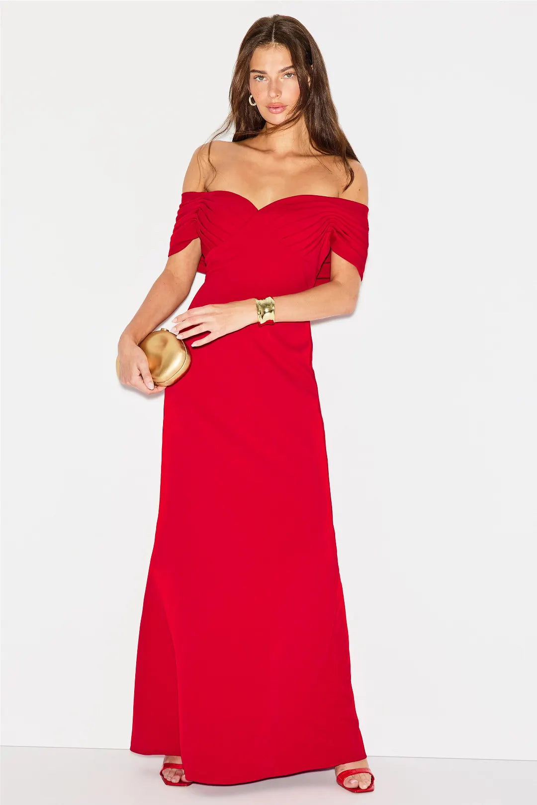 Sultry Solid Crepe Maxi Off-the-Shoulder Ruched Detail Evening Dresses
