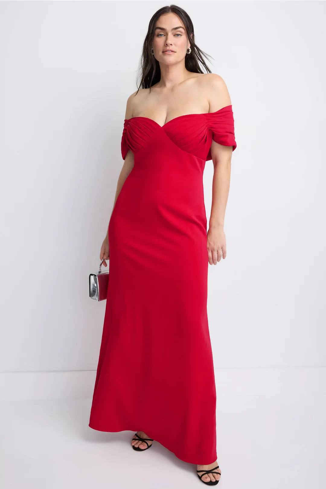 Sultry Solid Crepe Maxi Off-the-Shoulder Ruched Detail Evening Dresses