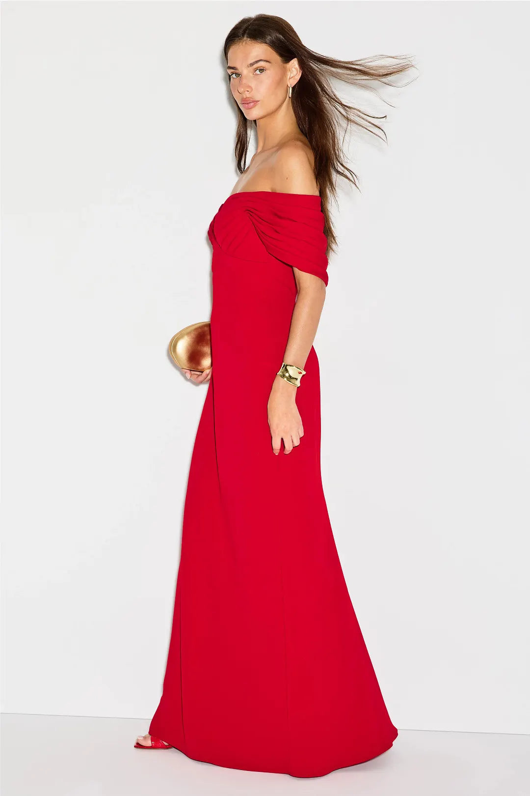 Sultry Solid Crepe Maxi Off-the-Shoulder Ruched Detail Evening Dresses