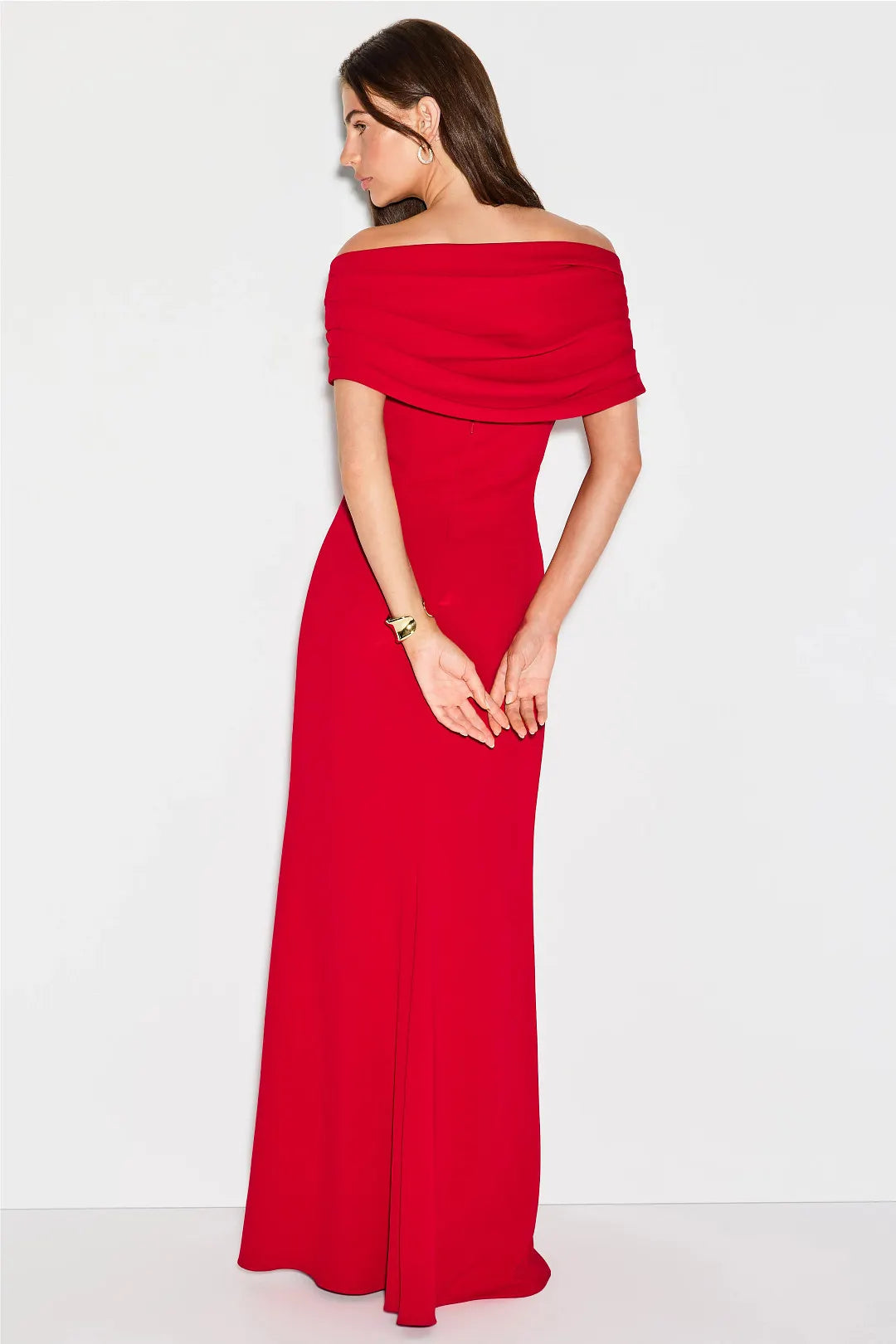 Sultry Solid Crepe Maxi Off-the-Shoulder Ruched Detail Evening Dresses