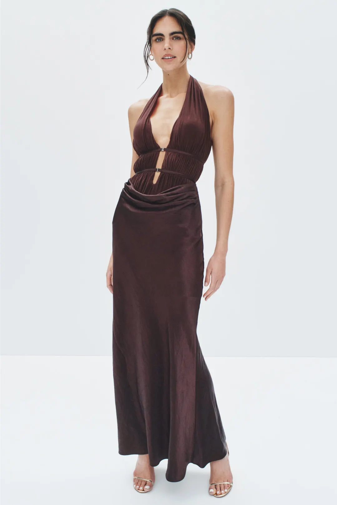 Sultry Solid Satin Maxi Halter Deep V-Neck Sleeveless Cutout Waist Ruched Detail Open Back Invisible Zipper Floor-Length Evening Dresses