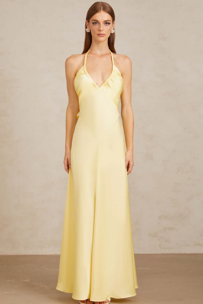 Sunny A Line Halter V Neck Sleeveless Bow Back Floor Length Evening Dress