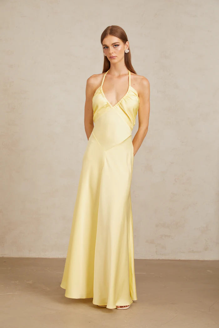 Sunny A Line Halter V Neck Sleeveless Bow Back Floor Length Evening Dress