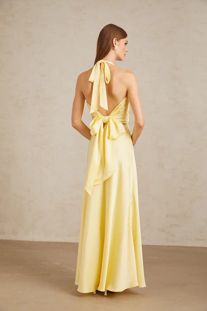 Sunny A Line Halter V Neck Sleeveless Bow Back Floor Length Evening Dress