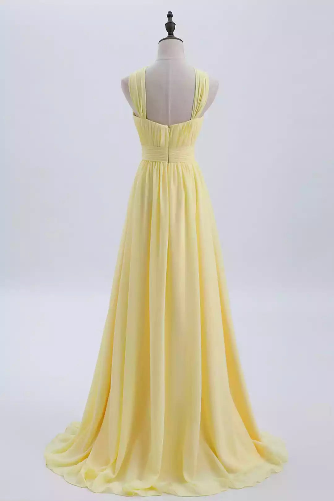 Sunny Yellow Chiffon A-Line Gown with Crisscross Halter Neck & Pleated Bodice