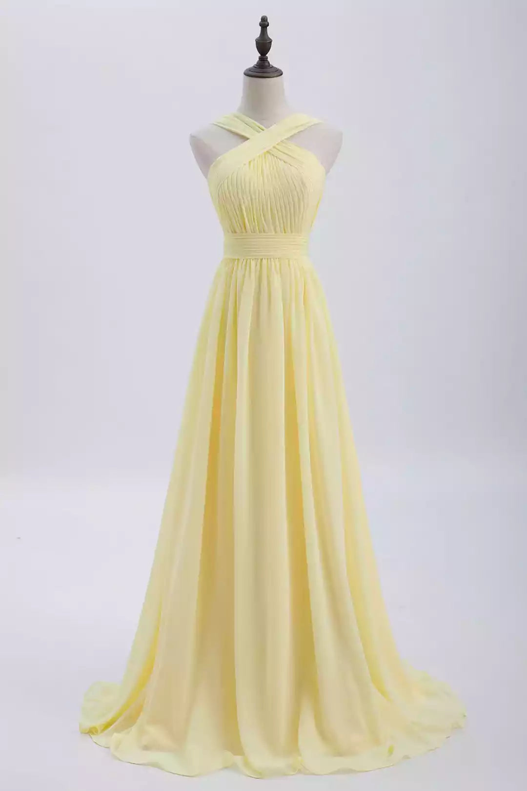 Sunny Yellow Chiffon A-Line Gown with Crisscross Halter Neck & Pleated Bodice