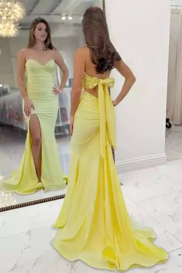 Sunny Yellow Strapless Mermaid Gown with Ruched Bodice & Bow Back