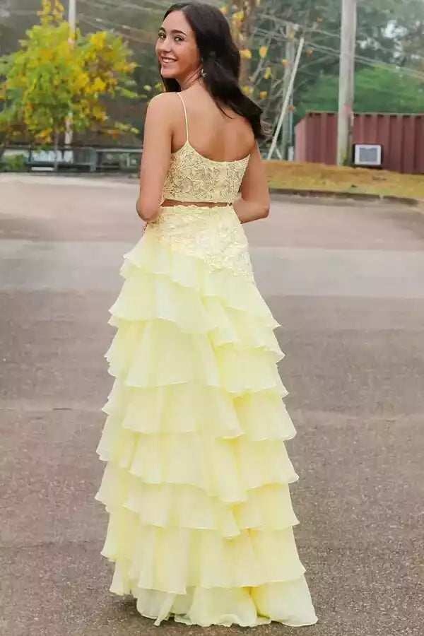 Sunny Yellow Two-Piece Prom Gown with Lace Bodice & Ruffled Chiffon Skirt