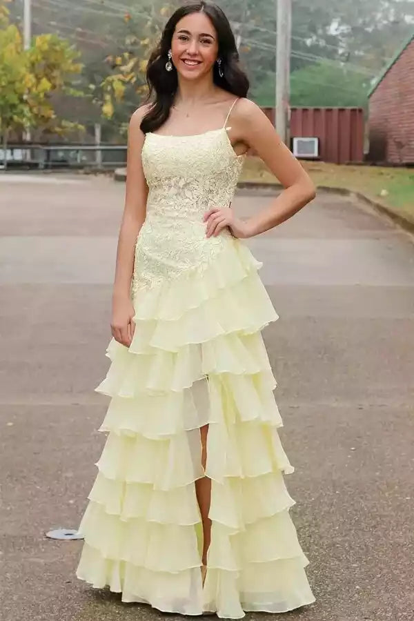 Sunny Yellow Two-Piece Prom Gown with Lace Bodice & Ruffled Chiffon Skirt