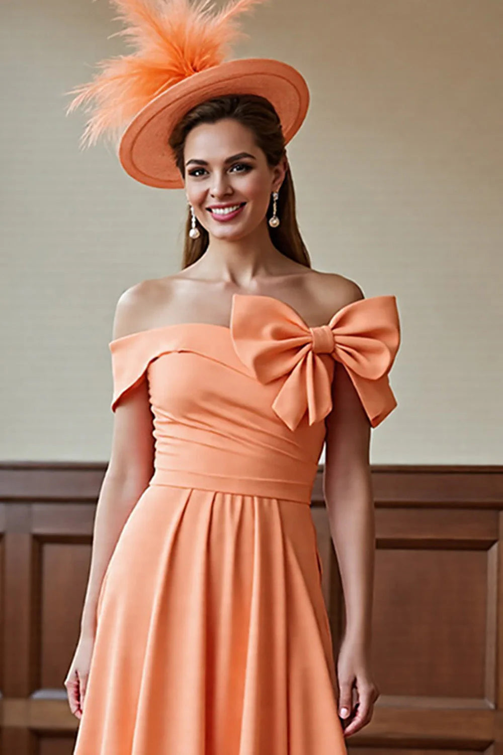 Sunset Satin Off the Shoulder Midi Mother of the Bride Dress with Bow