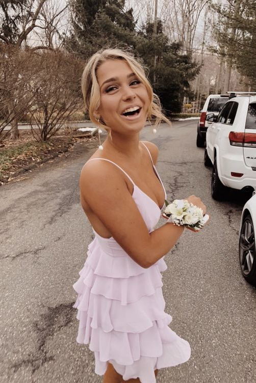 Sweet Lavender Chiffon A-line Deep V Adjustable Spaghetti Strap Open Back Tiered Ruffle Mini Homecoming Dresses
