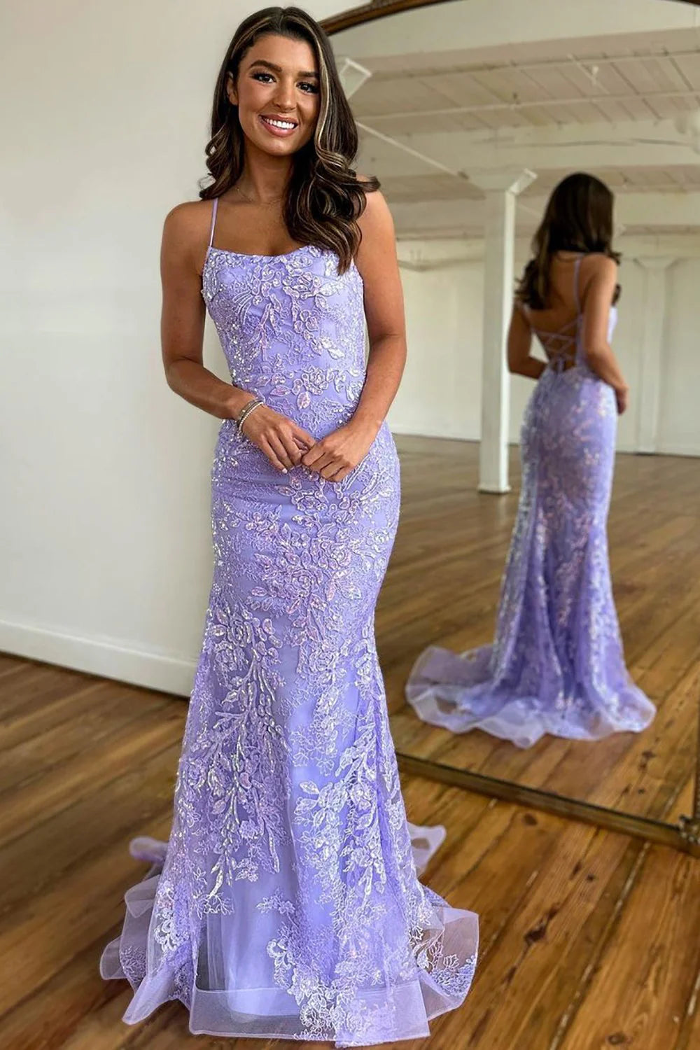 Sweet Lilac Spaghetti Straps Lace Up Long Corset Prom Dress