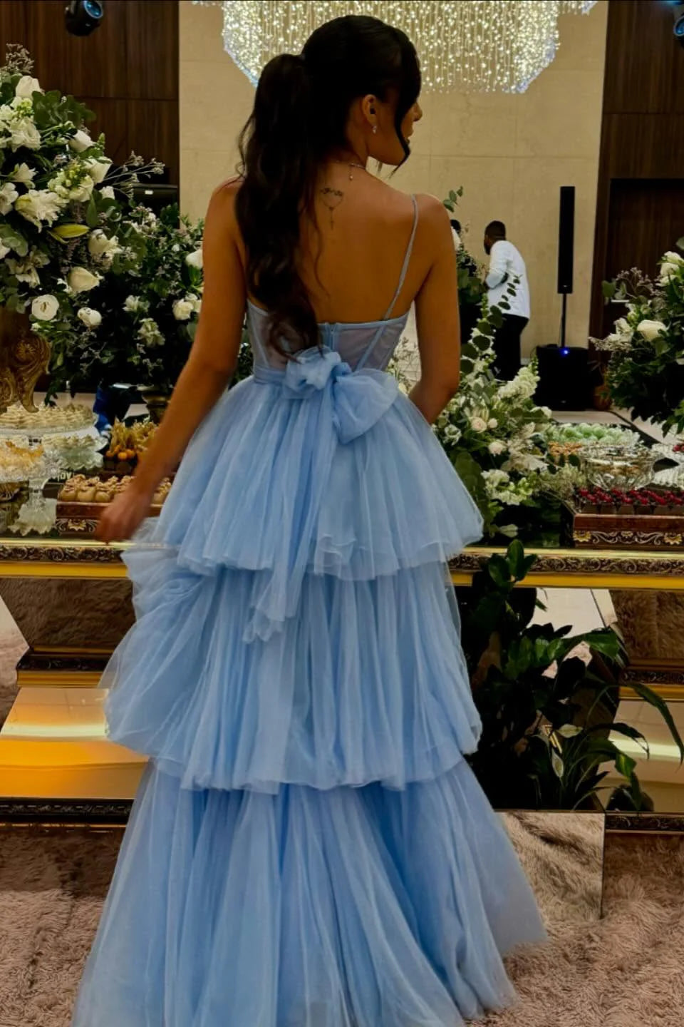 Sweetheart Blue Back Bow Tiered Long Unique Design Full Of Charm Prom Dresses