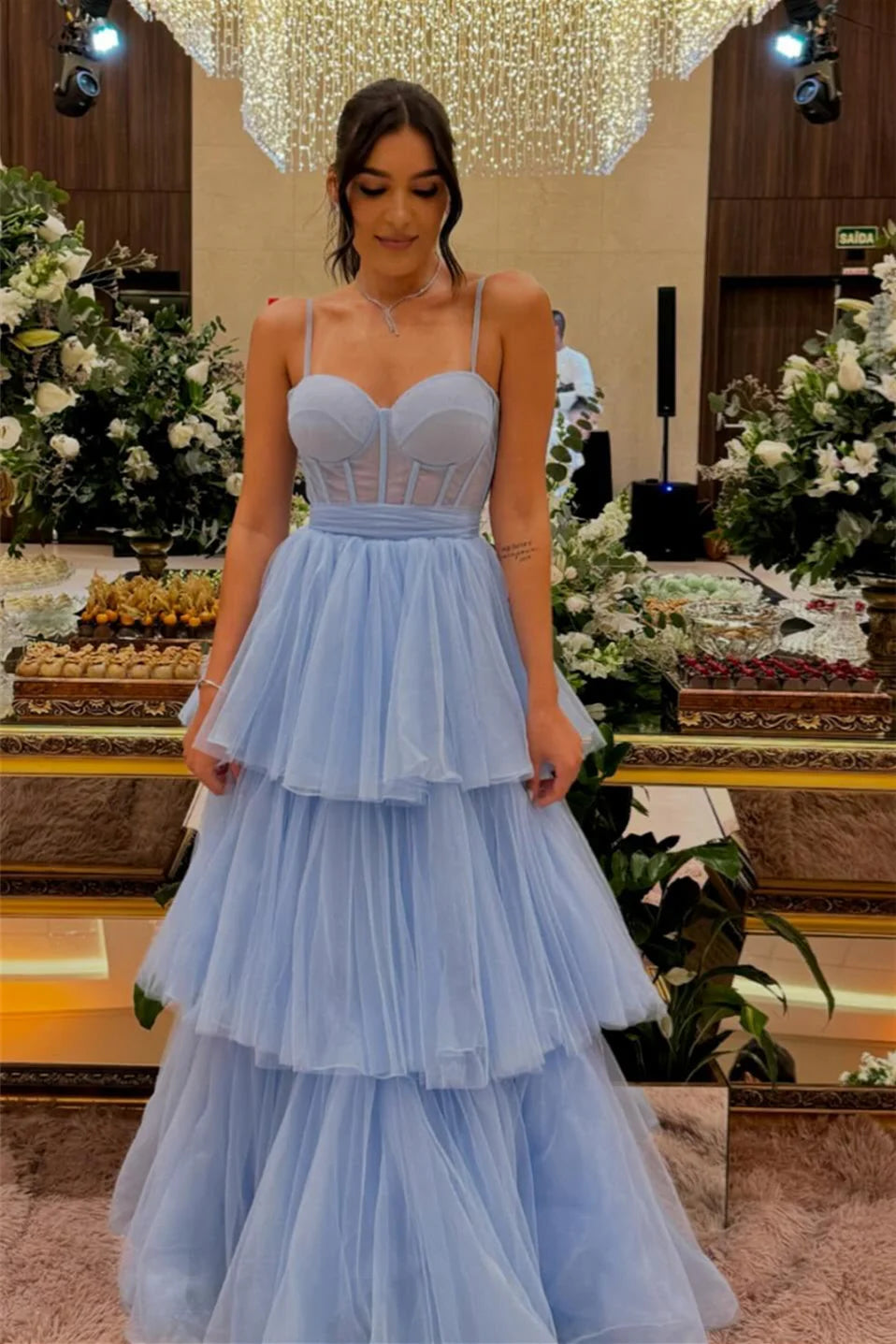 Sweetheart Blue Back Bow Tiered Long Unique Design Full Of Charm Prom Dresses