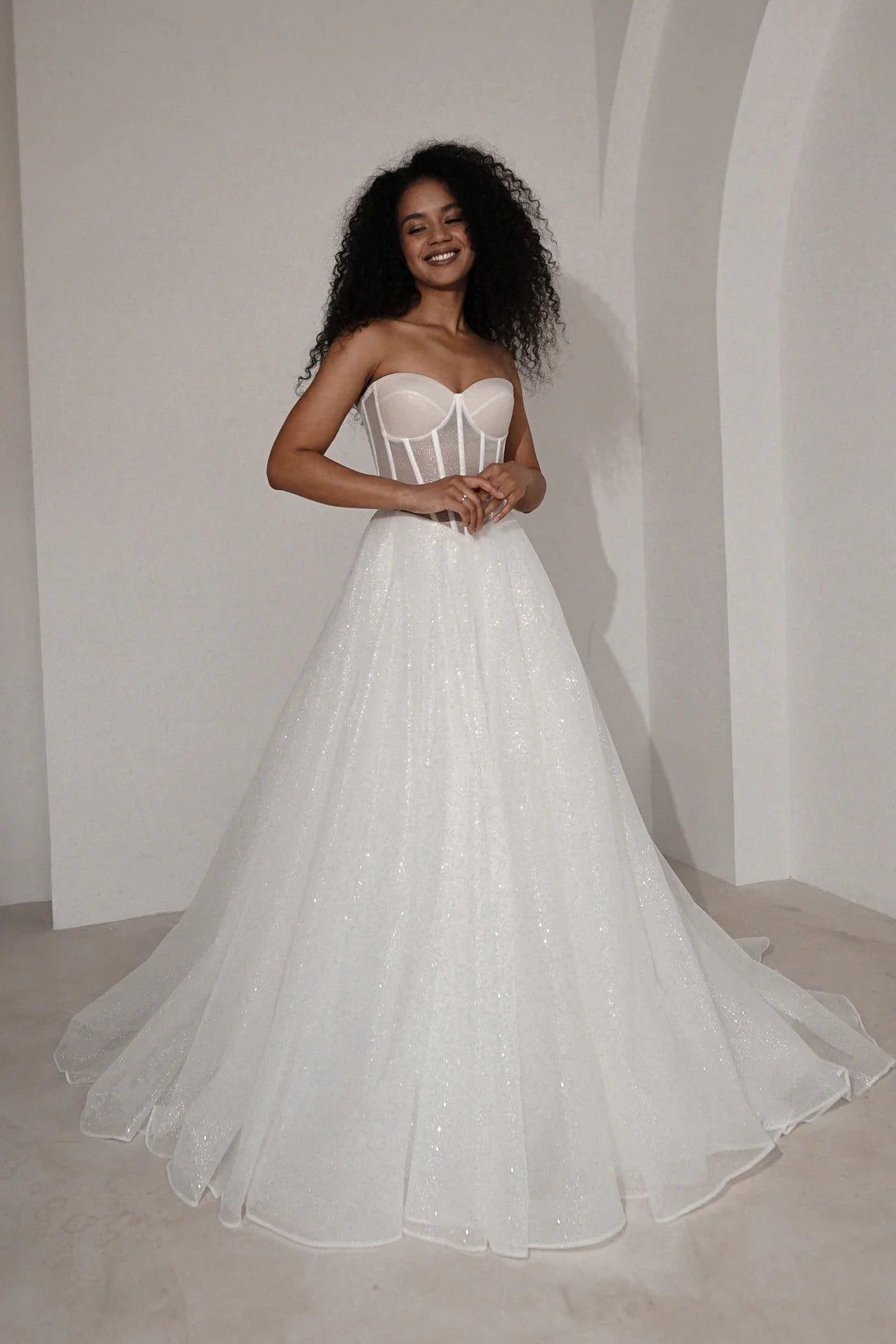 Sweetheart Corset Glitter Ballgown Wedding Dress Detachable Puff Sleeves Lace-Up Back Train Bridal Gown