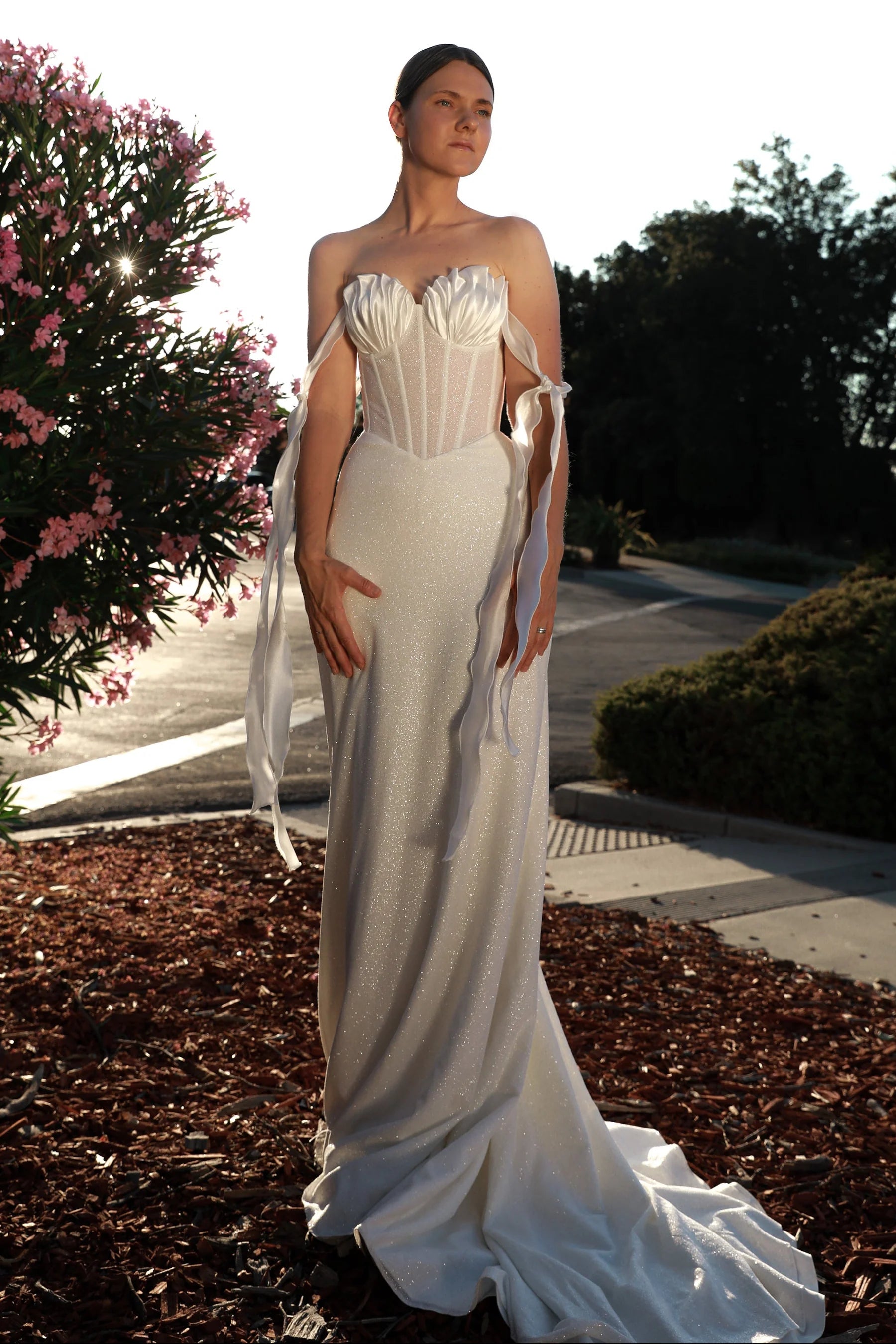Sweetheart Corset Glitter Wedding Dress Detachable Off-Shoulder Bow Straps Train Bridal Gown