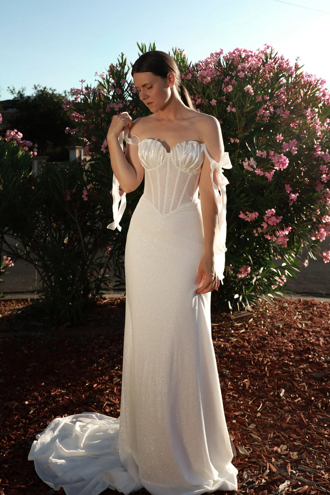 Sweetheart Corset Glitter Wedding Dress Detachable Off-Shoulder Bow Straps Train Bridal Gown