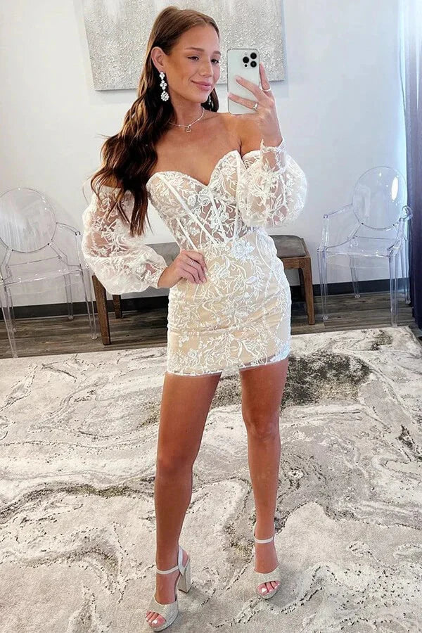 Sweetheart Detachable Sleeves Lace Short Homecoming Dress